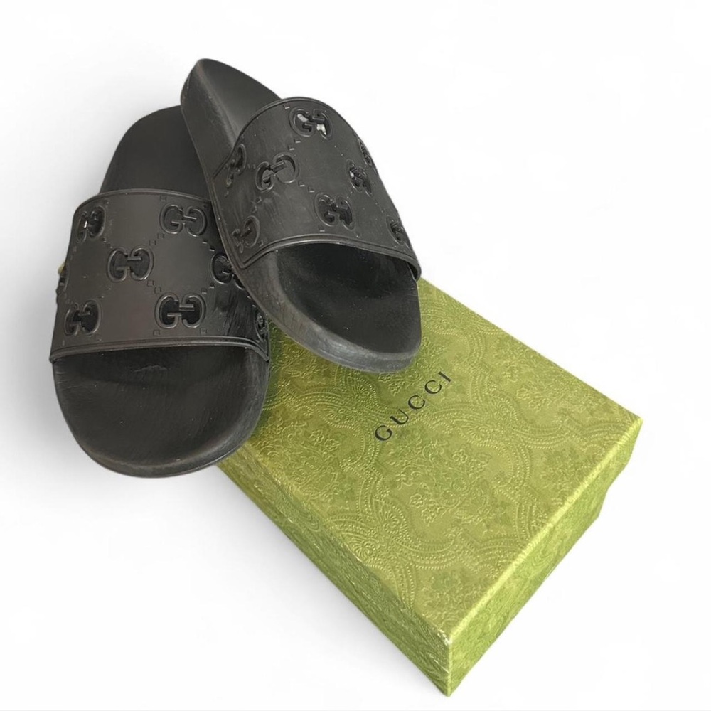 Gucci Black Embossed Slide Sandals